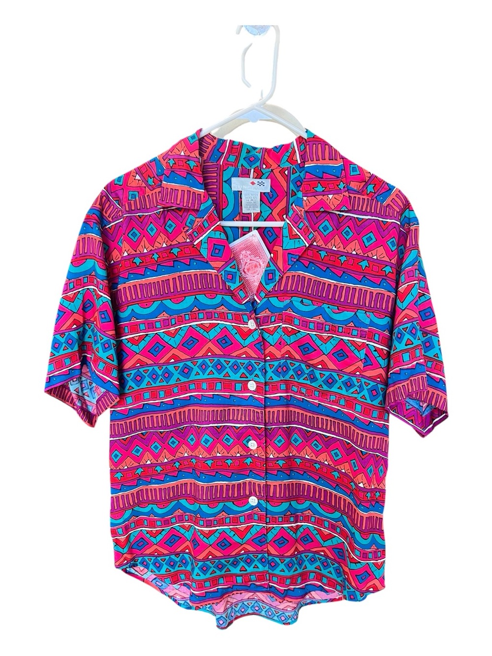 French Navy Vintage 90s Geometric Print Blouse | 100% Rayon | Size M